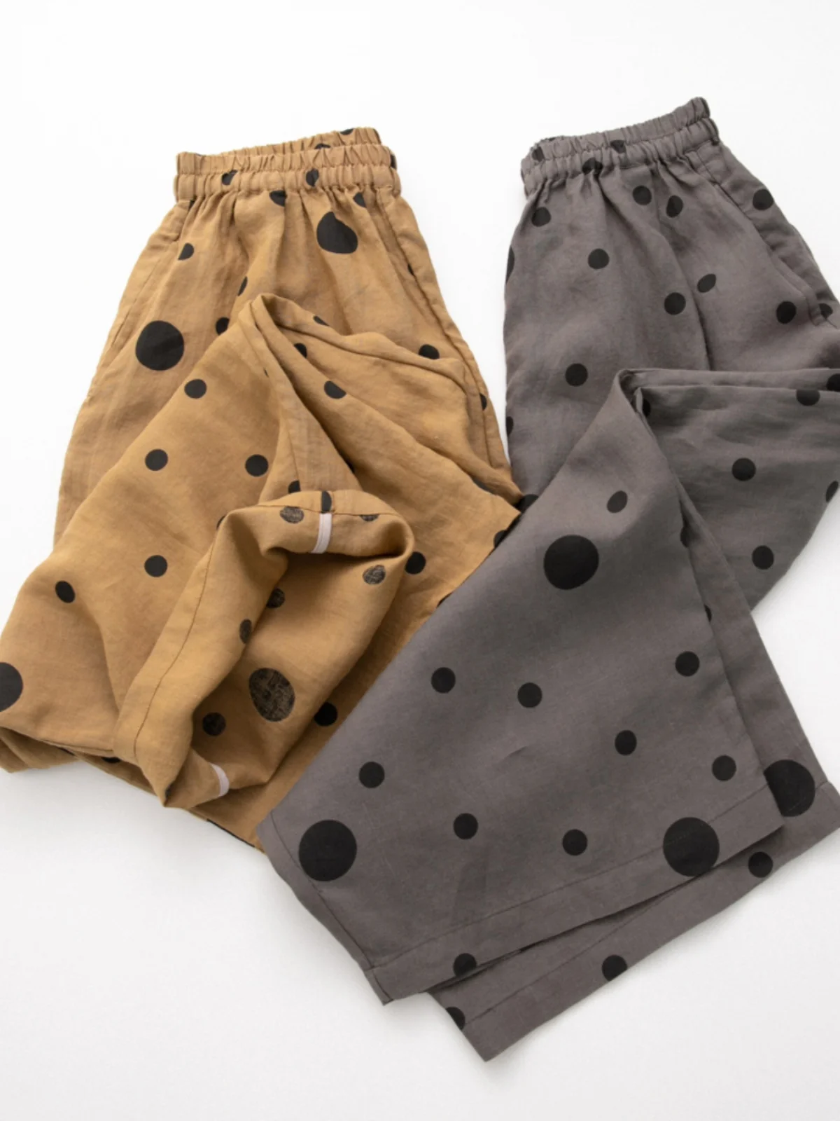 

Ретро льняные брюки в горошек с широкими штанинами для женщин, лето 2025, свободные, легкие, универсальные, укороченные, повседневные, для работы и отдыха