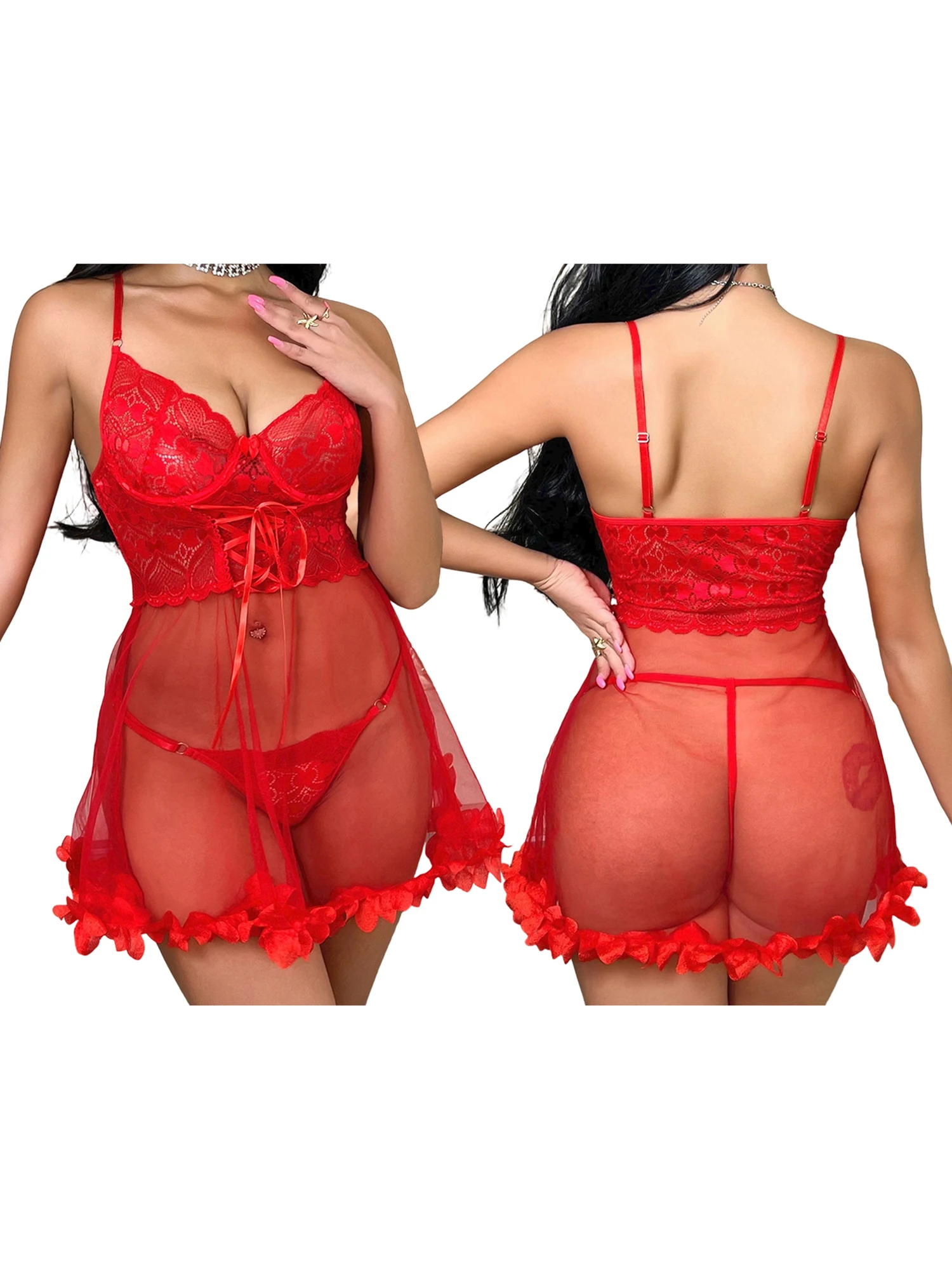 طقم ملابس داخلية نسائية مثيرة من الدانتيل مع قميص بيبي دول بحاشية شبكية شفافة وسراويل رفيعة متطابقة لملابس النوم الغريبة #1