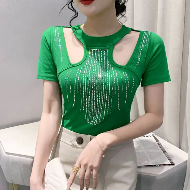 

2023 New Summer Fashion Sexy Round Neck Hollow Out Solid Color Top Foreign Style Hot Diamond Exquisite Versatile Women's T-shirt