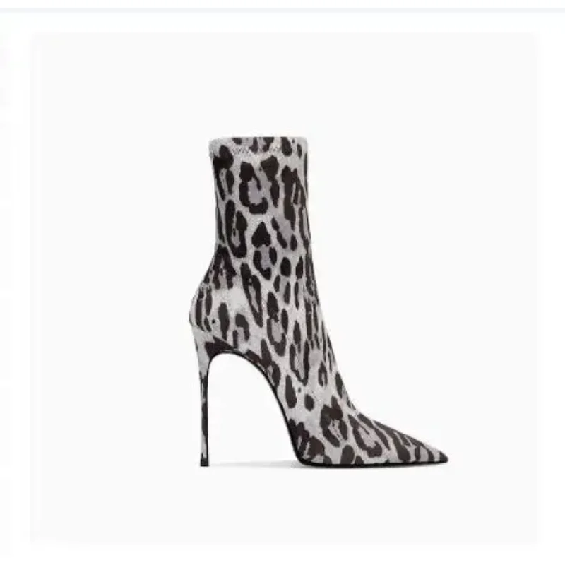 Brown Leopard Print Midsole Boots With Sexy Pointed Toe and High-End Elastic Feel for Women