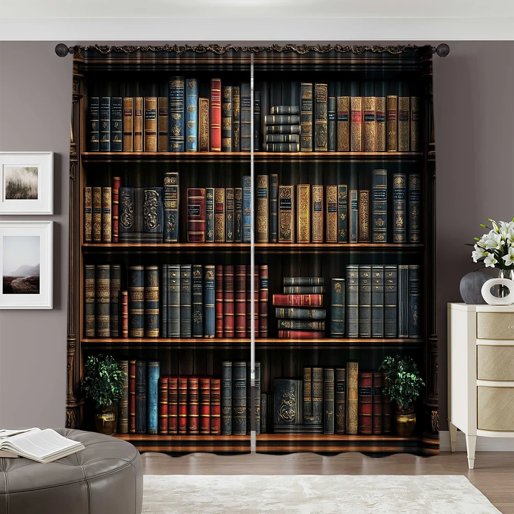 2pcs, 2D flat Curtain Bookshelves retro Versatile 100% Polyester,Without Electricity Versatile Applies to Room_bedroom_Window