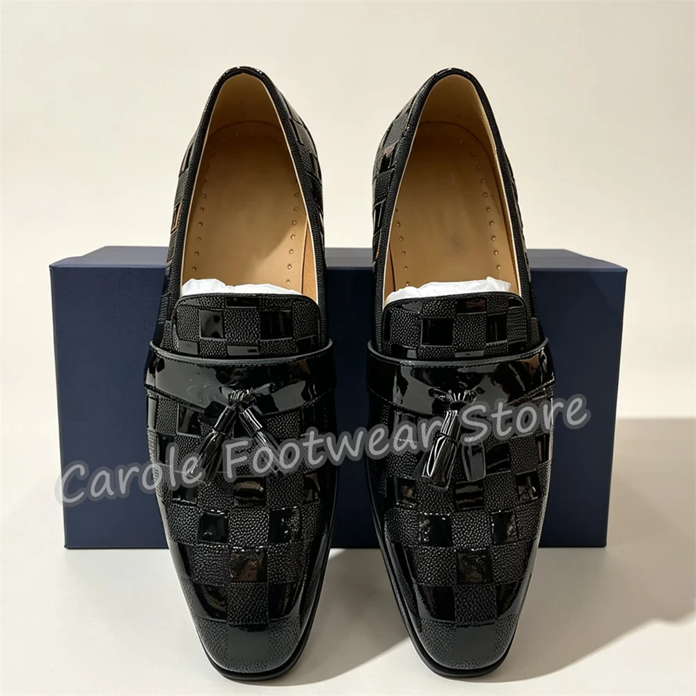 British Style Checkered Grid Tassel Slip On Loafers Male Genuine Leather Chunky Heel Mules Business Formal Party Dress Shoes