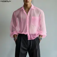 INCERUN, camisa para hombre, solapa de gasa lisa, manga larga, transparente, ropa de hombre, ropa de calle Sexy holgada, camisas casuales de moda, Tops para hombre