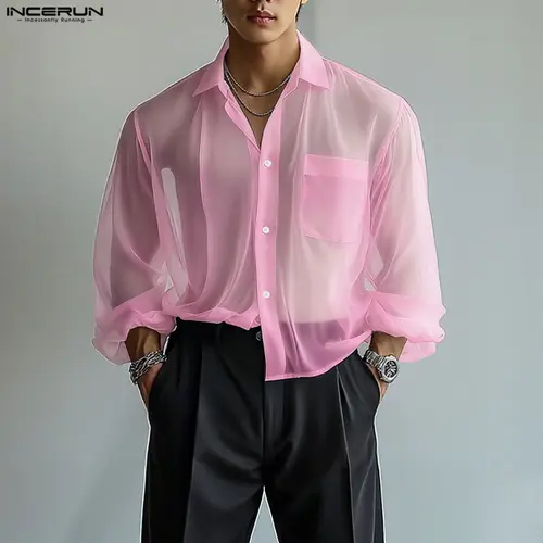 INCERUN, camisa para hombre, solapa de gasa lisa, manga larga, transparente, ropa de hombre, ropa de calle Sexy holgada, camisas casuales de moda, Tops para hombre