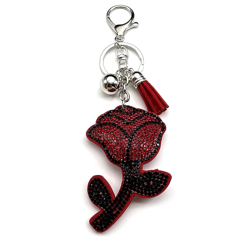 Gothic Rote Rose Blume Schlüsselanhänger für Frauen Silber Farbe Legierung Voller Strass Tasche Anhänger Dunkel Romantische Schlüsselanhänger Schmuck Geschenk