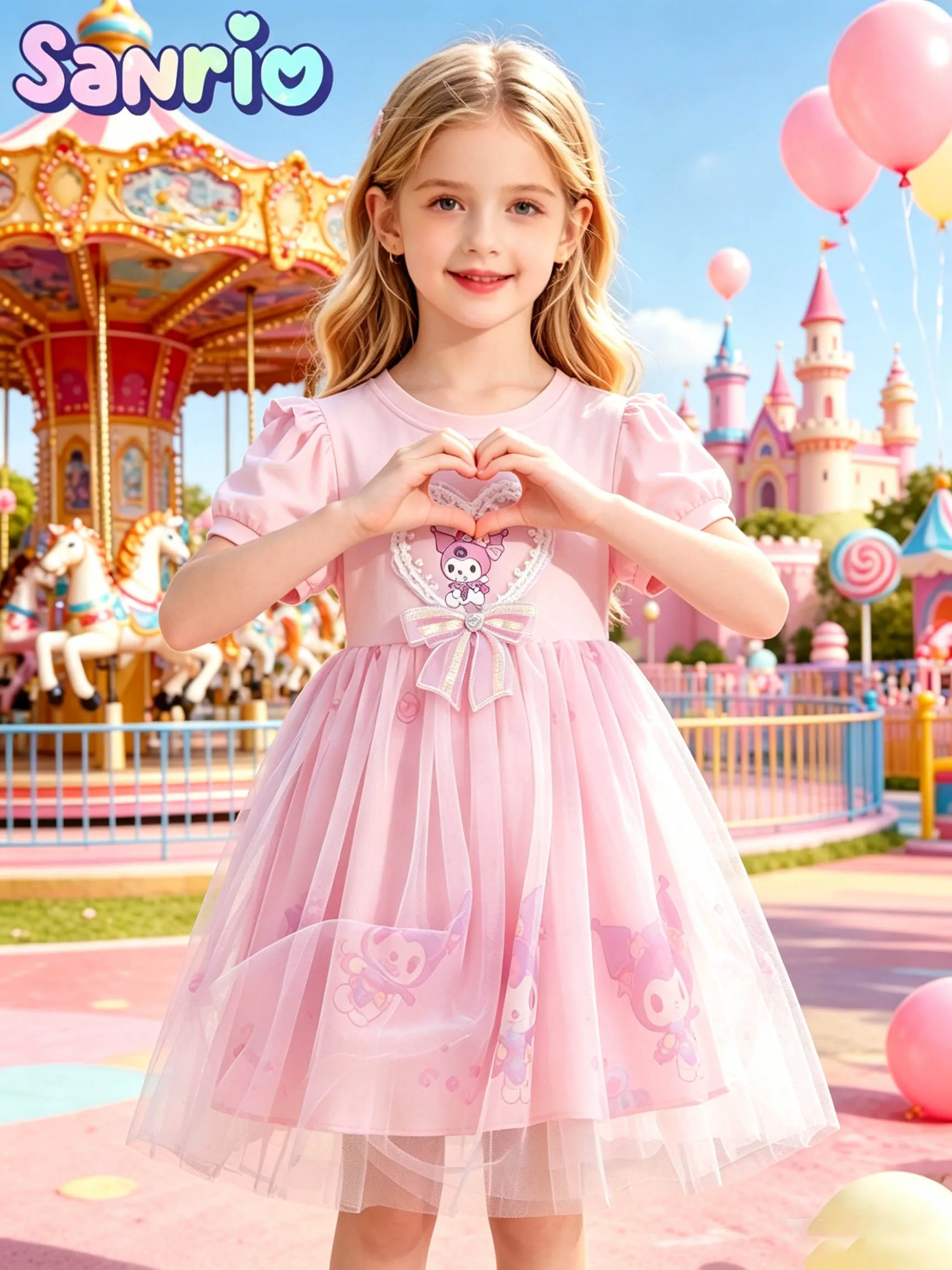 Robe de princesse à manches courtes en dentelle rose Kuromi pour filles, robe tutu en tulle doux à imprimé intégral Kuromi