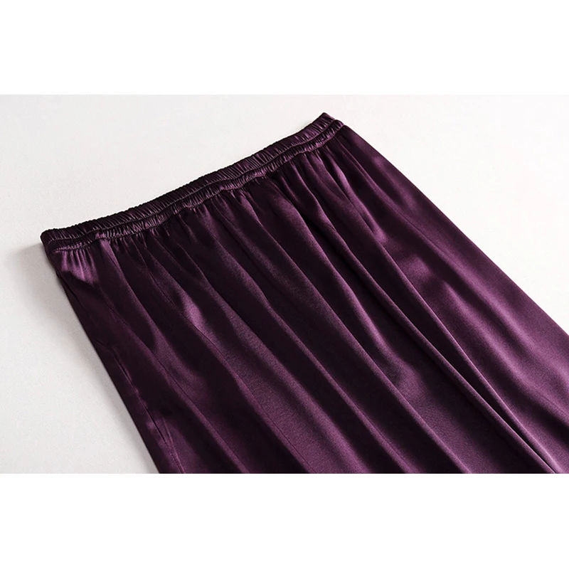 Women\'s 100% Mulberry Silk Midi Skirts Elastic High Waist A-Line Pull On Closure Summer Long Skirt