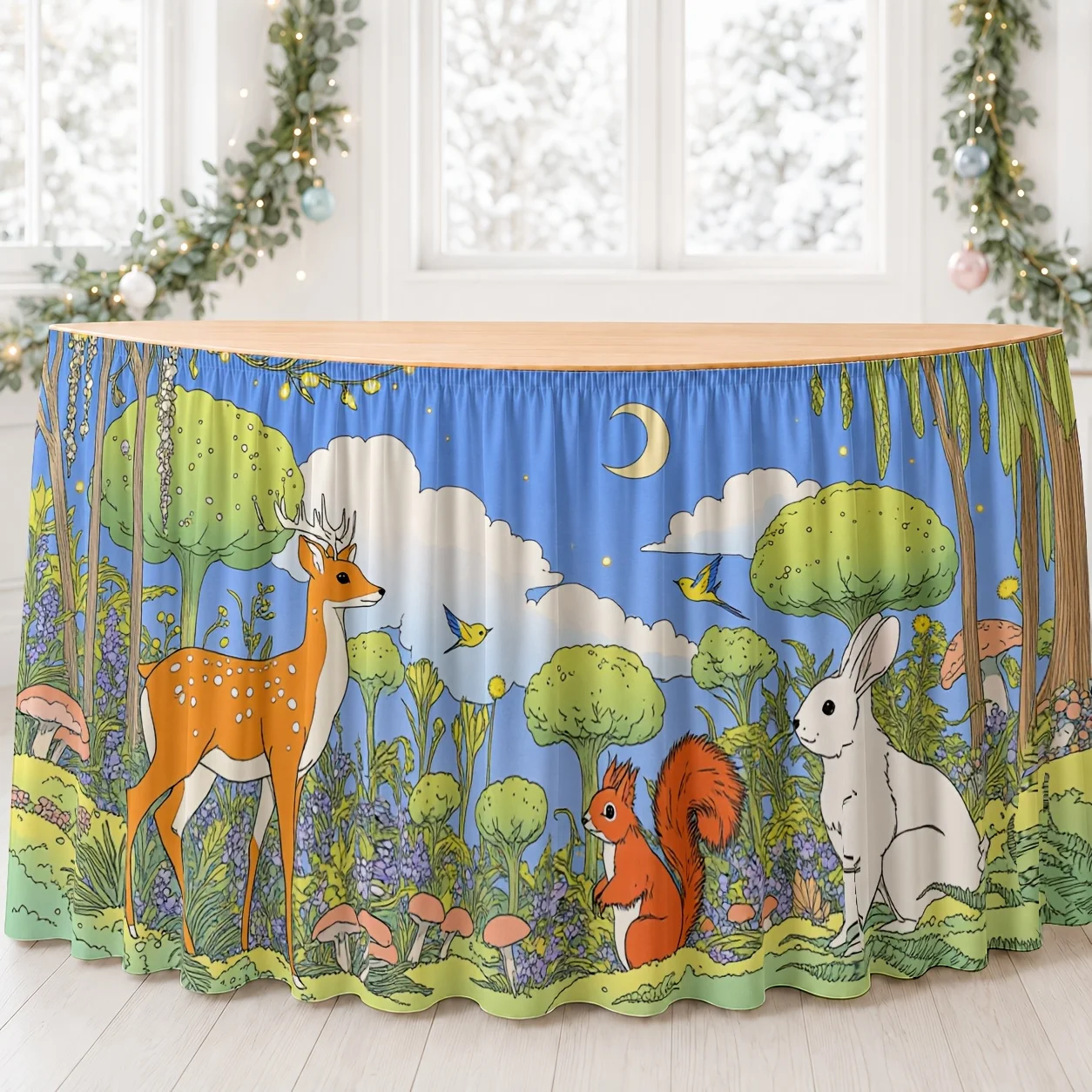 1 piece table skirt, forest animal scene table skirt, polyester, whimsical, charming woodland, dreamy pastel