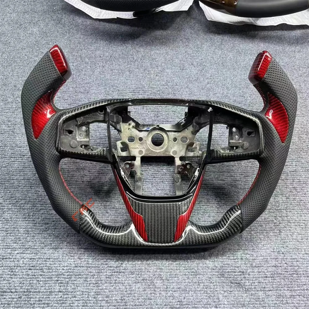 

For Honda Civic 10th 2016 2017 2018 2019 2020 2021 Customized black red Carbon Fiber Perforated Leather steering wheel