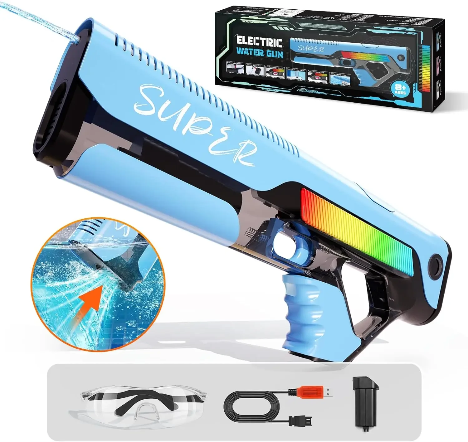 Pistola ad acqua super LED ad alta capacità Pistola ad acqua elettrica con aspirazione automatica Blaster ad acqua Pistola a scoppio ad alta potenza Giocattolo a spruzzo d'acqua continuo