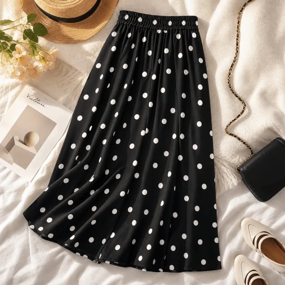Elegant Elastic Waist Polka Dot Skirt Splicing Design Pleated A-Line Skirt Slim Fit Summer Half-length Dress Women