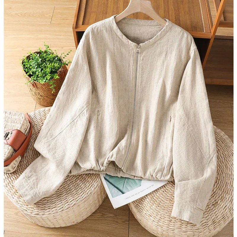 Cotton Linen Double-layer Short Coat 2026 Women's Autumn Zipper Cardigan With Loose Coat Short Shirt Thin Shirt
