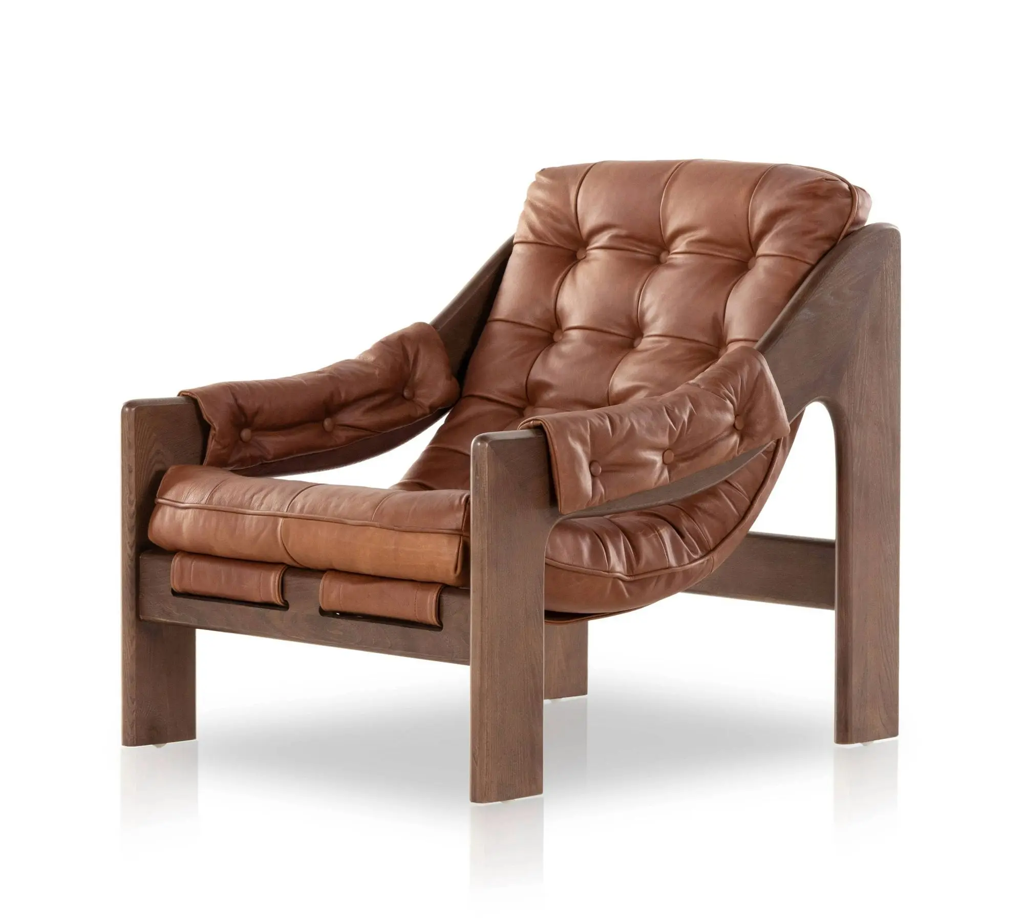 #Tufted Back Heirloom Sienna Leather Chair Solid Ash Wood Terra Brown Finish Mortise Tenon Fixed Cushion Chair