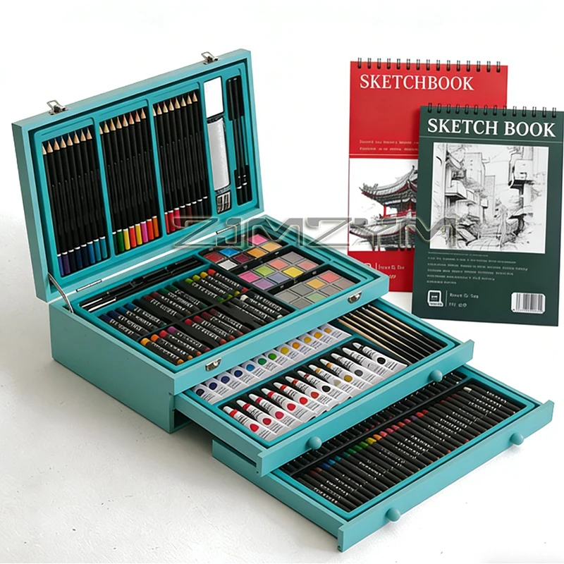 175-Piece Deluxe Wooden Art Set with Paintbrushes & Notebook Professional Art Toolbox for Artists, Students & Beginners