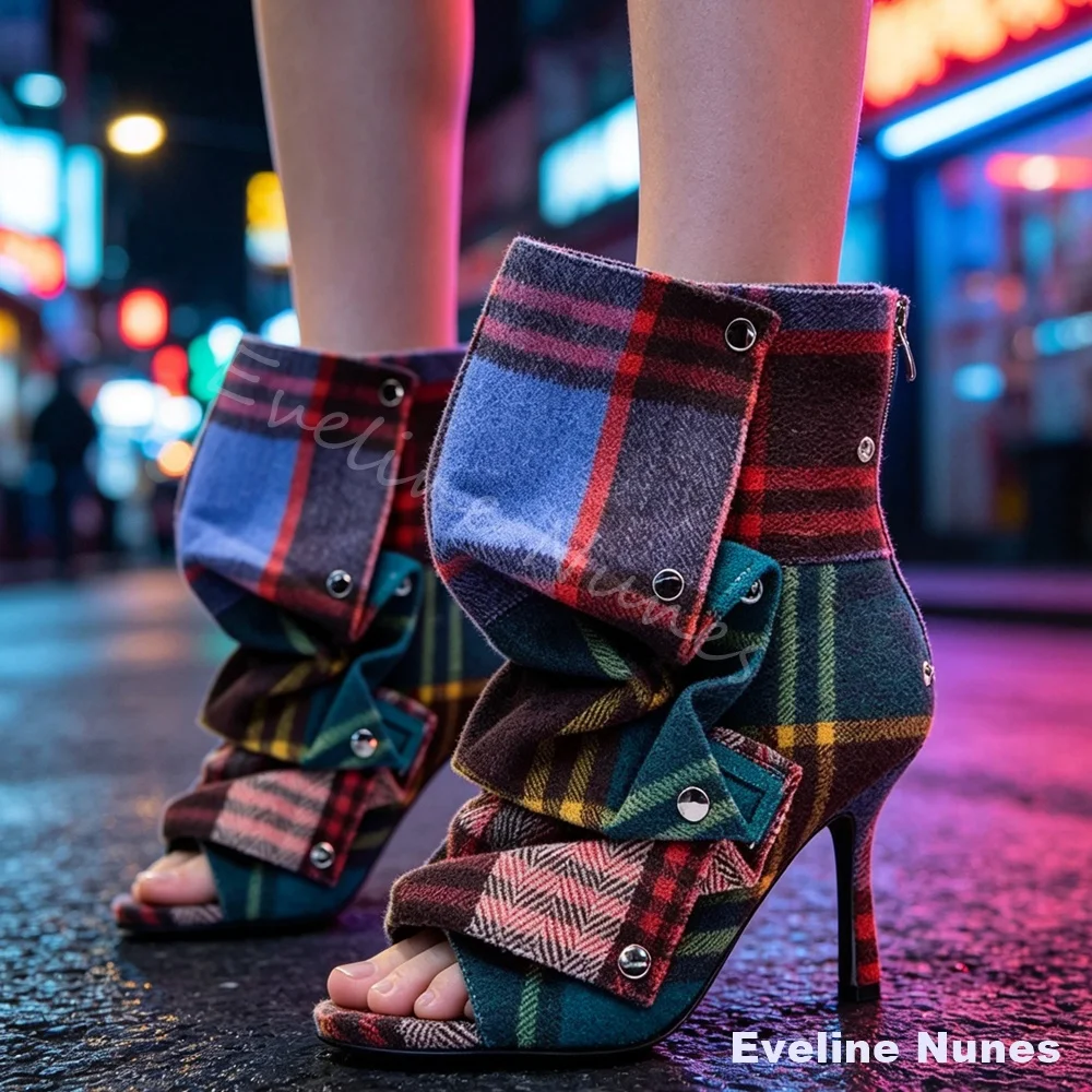 Vintage Tartan Plaid Women Open Toe Ankle Boots Metal Rivet Stiletto Heel Fold Over Fashion Boots Club Party Statement Boots