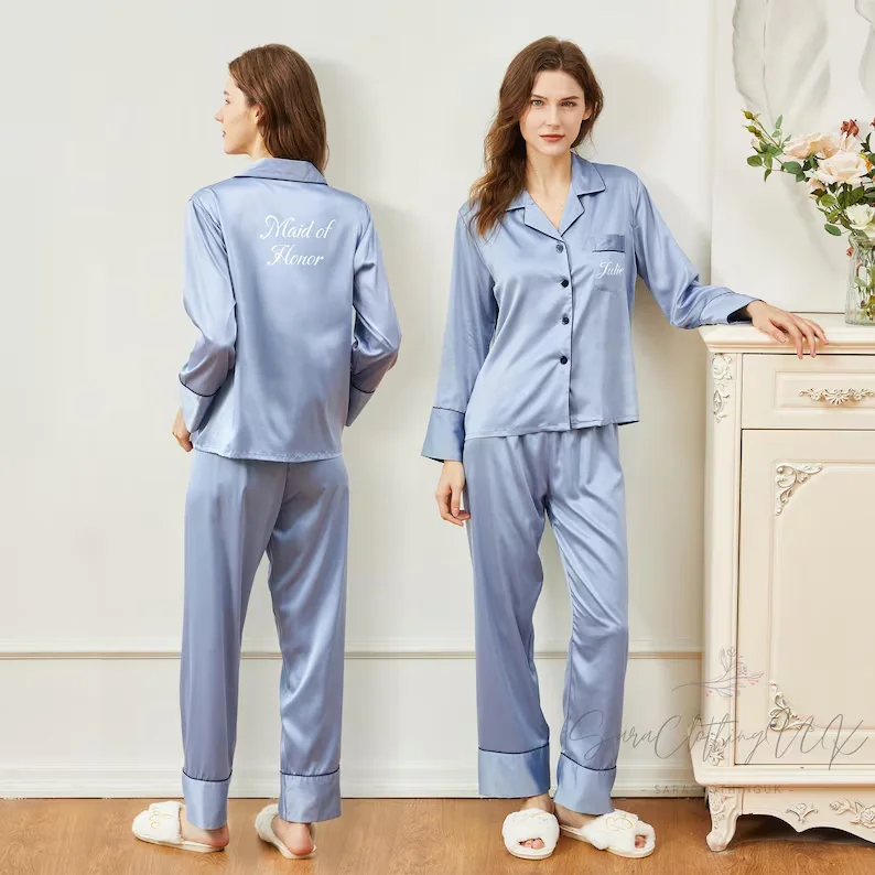 Personalised Satin Pyjamas Bridesmaid Matching Pajamas Pajamas Set Monogram Party Wedding Gift Satin Pjs Custom Name