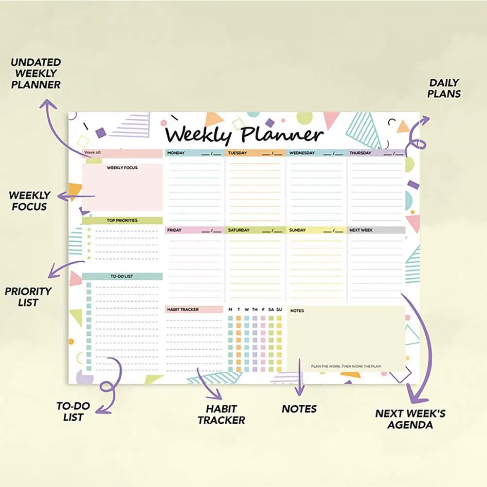 おしゃれなメモ帳デスクオーガナイザー、スパイラルバインディング付き週間プランナー、学校・仕事用ToDoリスト52枚