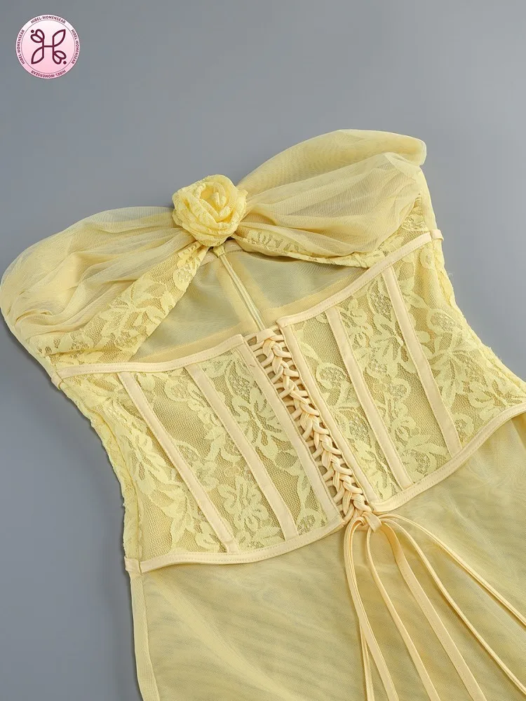 فستان بوستير مثير برباط أمامي لعام 2025 |   ثوب لوحة شفافة الأزهار |   فستان سهرة ماكسي أوروبي أمريكي