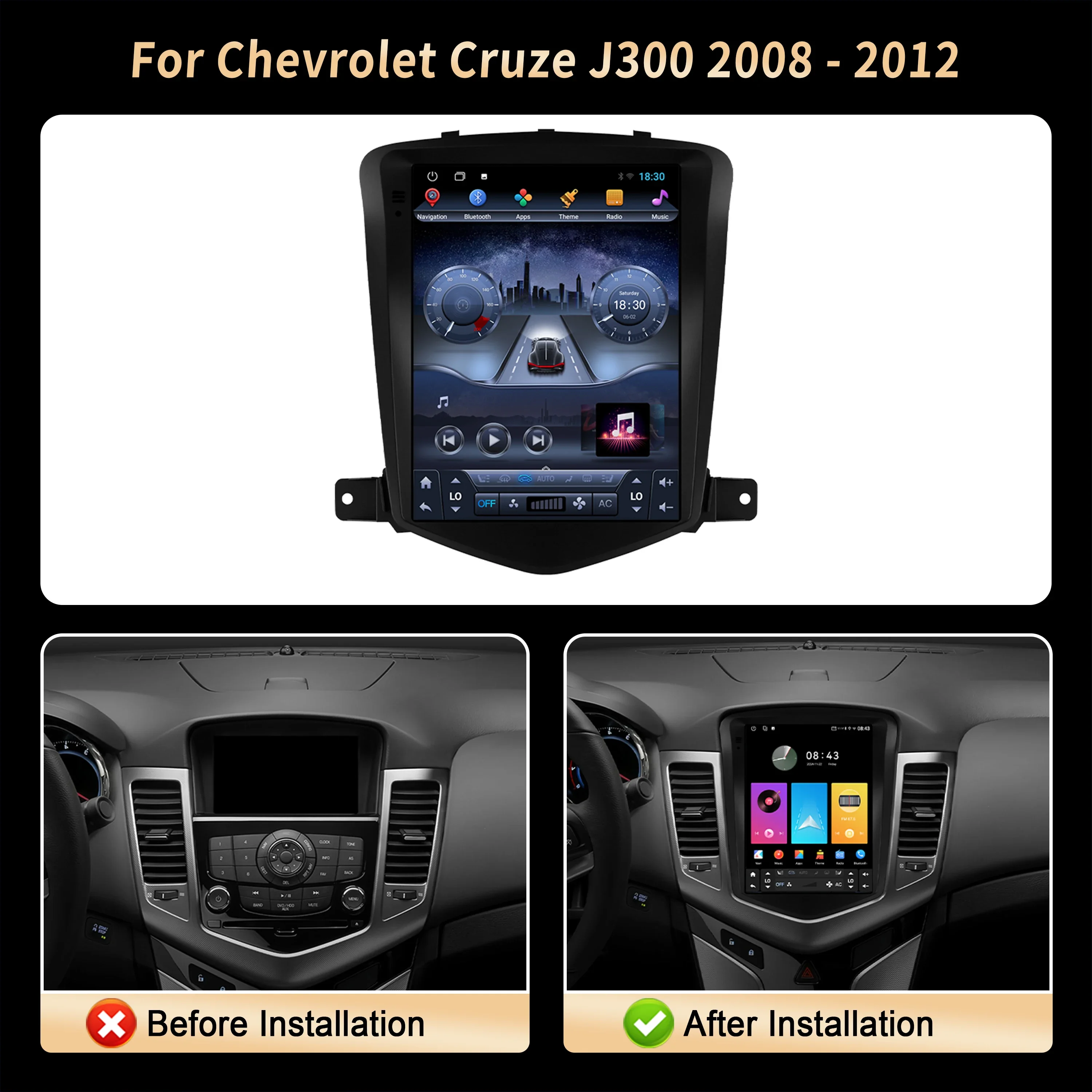 9.7 Inch For Chevrolet Cruze J300 2008 2009 2010-2012 Car Radio Multimedia Wireless BT Carplay Android 14 QLED Screen Stereo