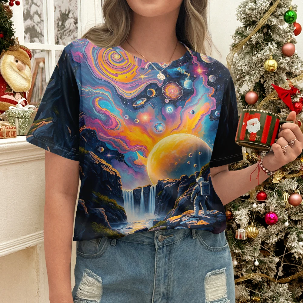 Camiseta con estampado de planeta y universo colorido para mujer, diseño artístico, moda informal, estilo veraniego, manga corta