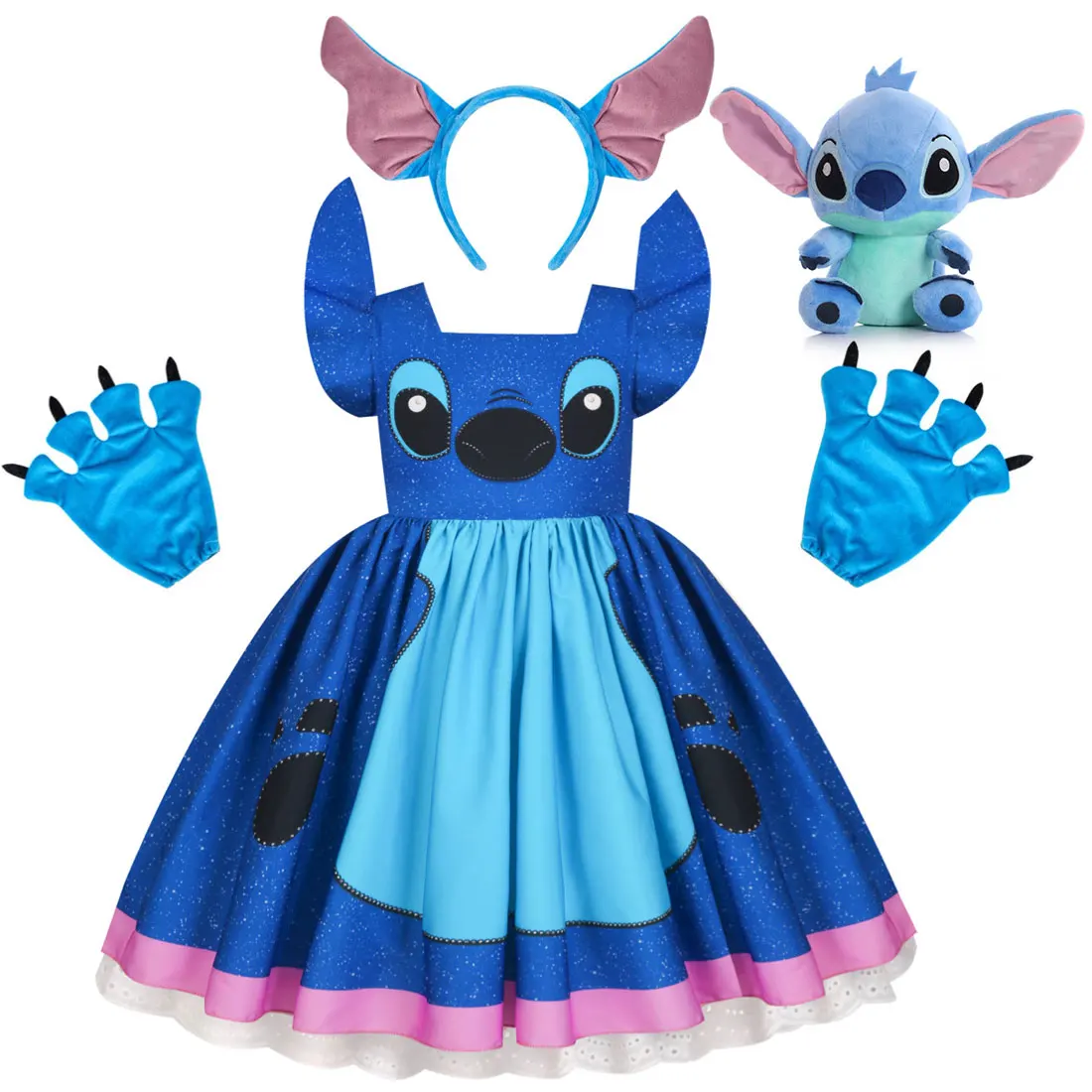 

2025 Disney Halloween Party Cartoon Blue Short Sleeve Costume Lilo Stitch Cosplay Costume Girls Stitch Birthday Festival Dress
