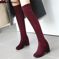 Women Over The Knee Boots Height Increasing Heels Slim Long Boots Black Brown Wine red Flock Lady Winter Shoes Big Size 33-44