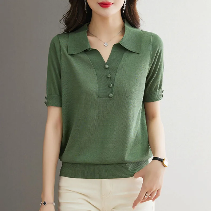 

Sweaters Turn Down Collar Knitted Sweater Women Pullovers New Short Sleeve Knit Sweater Pullover Women Tops Women Clothing Q2742