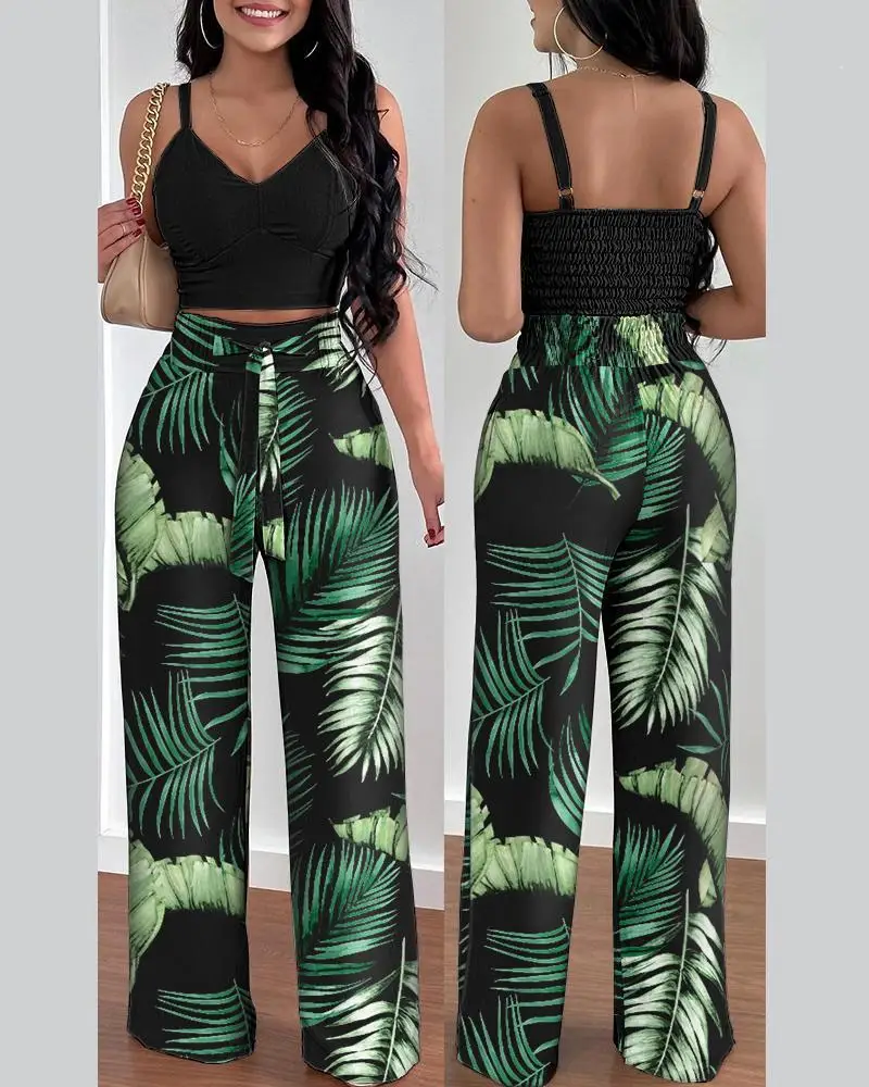 

2025 Women's Two-Piece Sexy V-Neck Lace-Tie Shirt Slim Cubic Top and Lace-Tie Wide Leg Trousers Set Elegant Office Women's Set