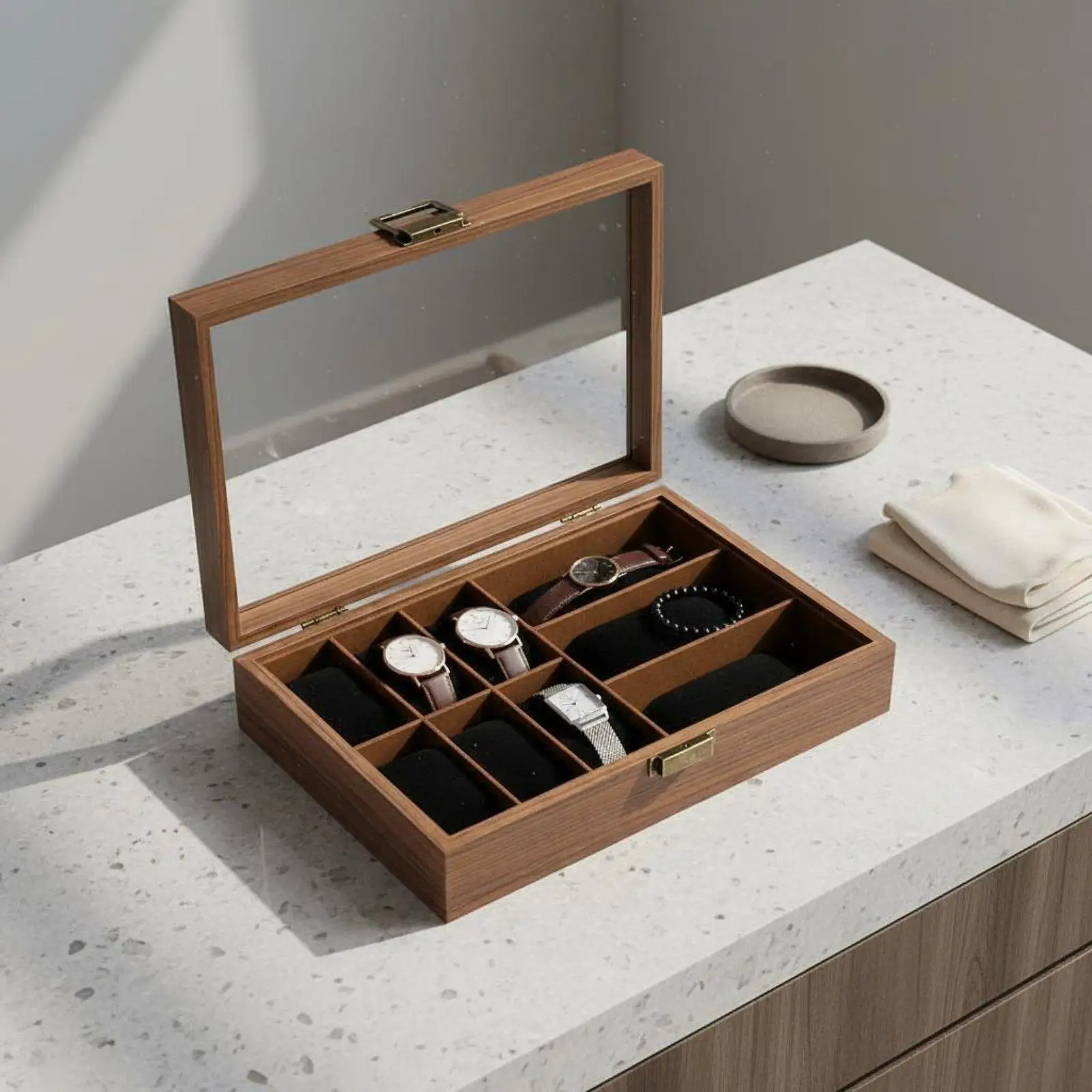 Watch Display Case with Glass Window and Soft Removable Pillows Wooden Storage Box for Gift Use