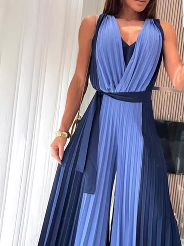 Combinaison longue à lacets pour femmes, couleur contrastée, Sexy, col en v, sans manches, barboteuse de trajet, élégante, drapée, jambes larges, pantalon