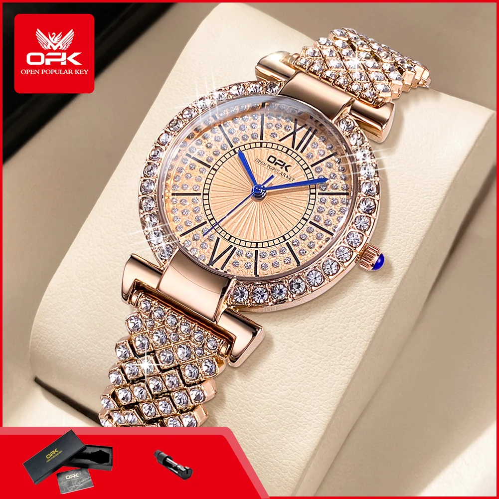OPK 8618 Full Diamond Quartz Wristwatch for Women Waterproof Steel Strap Fashion Elegant Ladies Dress Watch Original Reloj