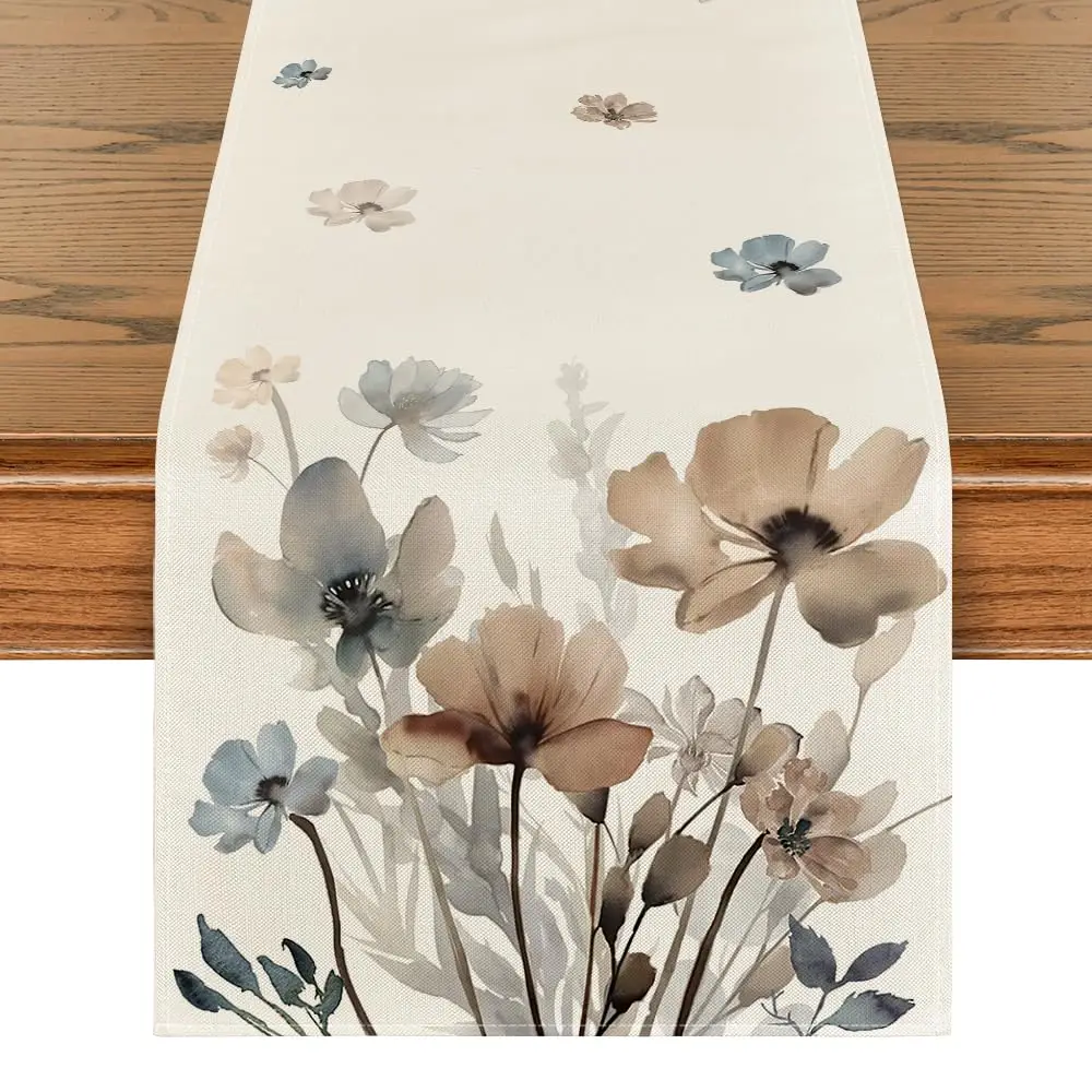 Brown Poppy Floral Leaves Spring Table Runner, Seasonal Summer Kitchen Dining Table Decoration for Home Party Decor