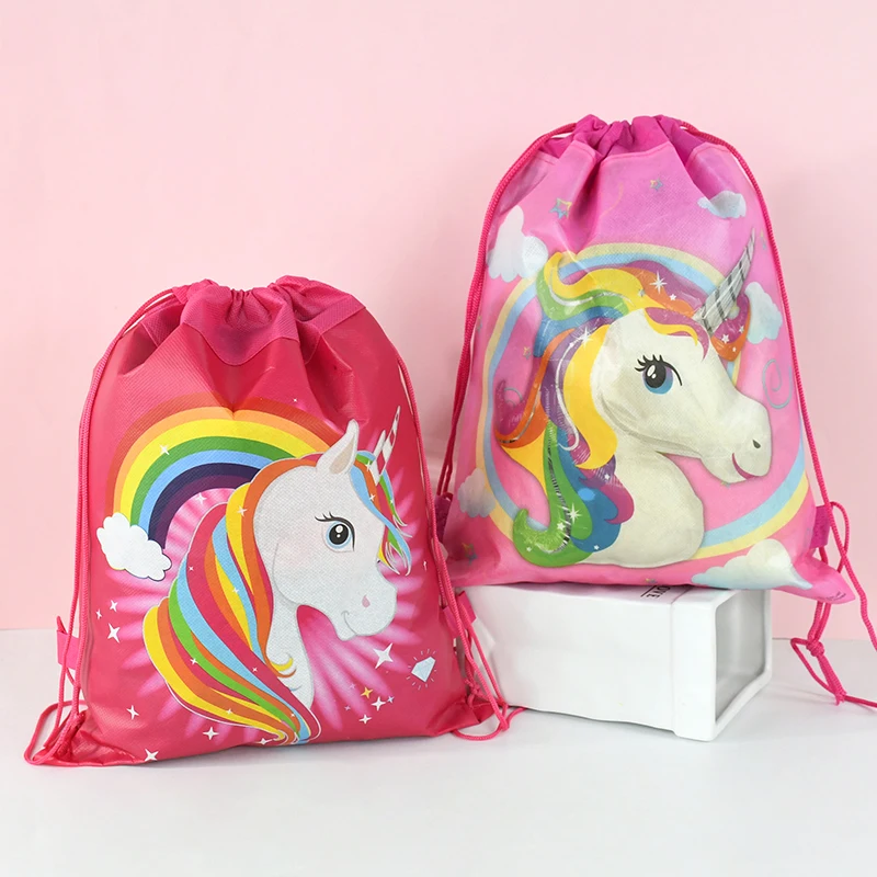 1pcs Rainbow Unicorn Pattern Gifts Bags Unicorn Nonwoven Drawstring Bags Kids Birthday Party Decorations Baby Shower Gift Supply