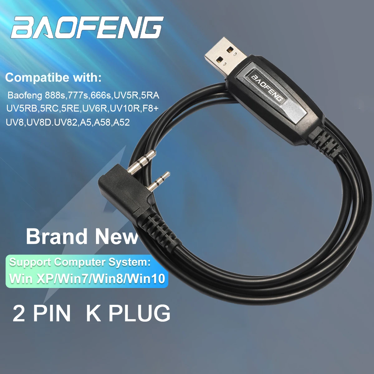 Cable de programación USB de dos pines para walkie-talkie, compatible con Kenwood TYT Baofeng, UV-5R, UV-82, 888S, F8, TK3107, 2207, 2307, Win XP 7/8