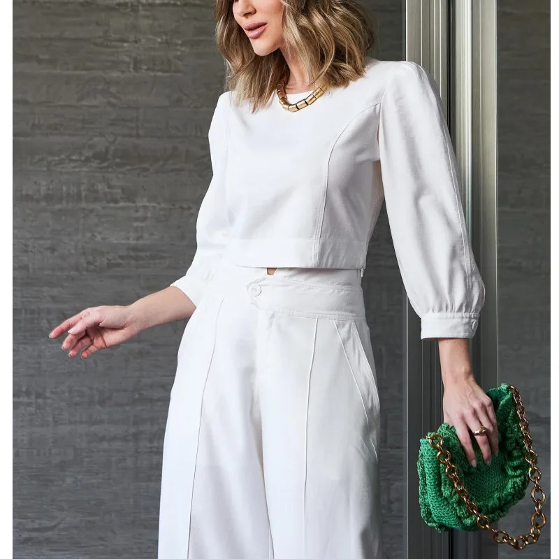 Women WhiteTwo Pieces Set Spring Summer 3/4 Sleeve Pullover Pockets Wide Leg Pants High Waist Office Lady Trousers Suit