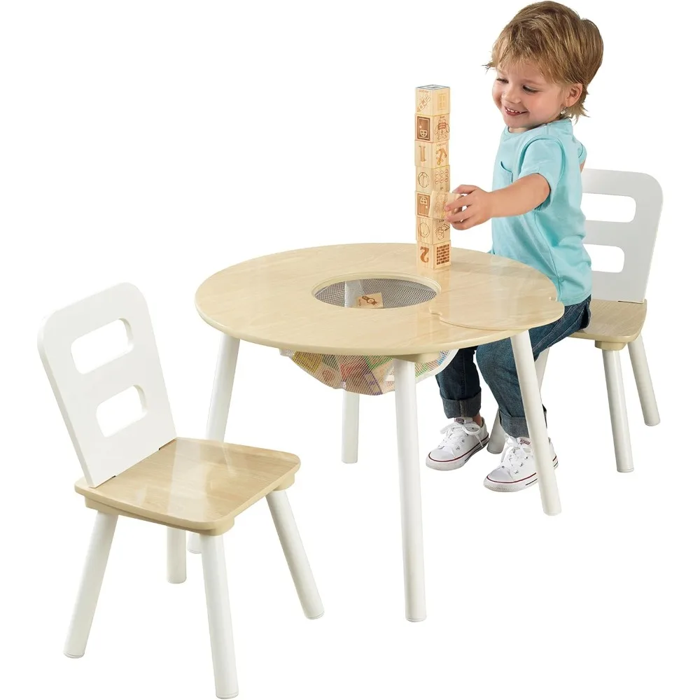 

Wooden Round Table & 2 Chair Set with Center Mesh Storage - Natural & White, Gift for Ages 3-6