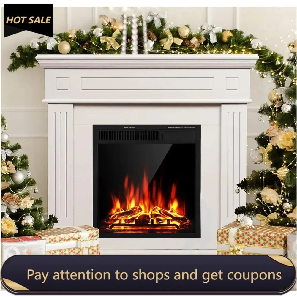 Electric Fireplace Mantel Package Wooden Surround Firebox TV Stand Free Standing Electric Fireplace Heater with Logs，Lvory White