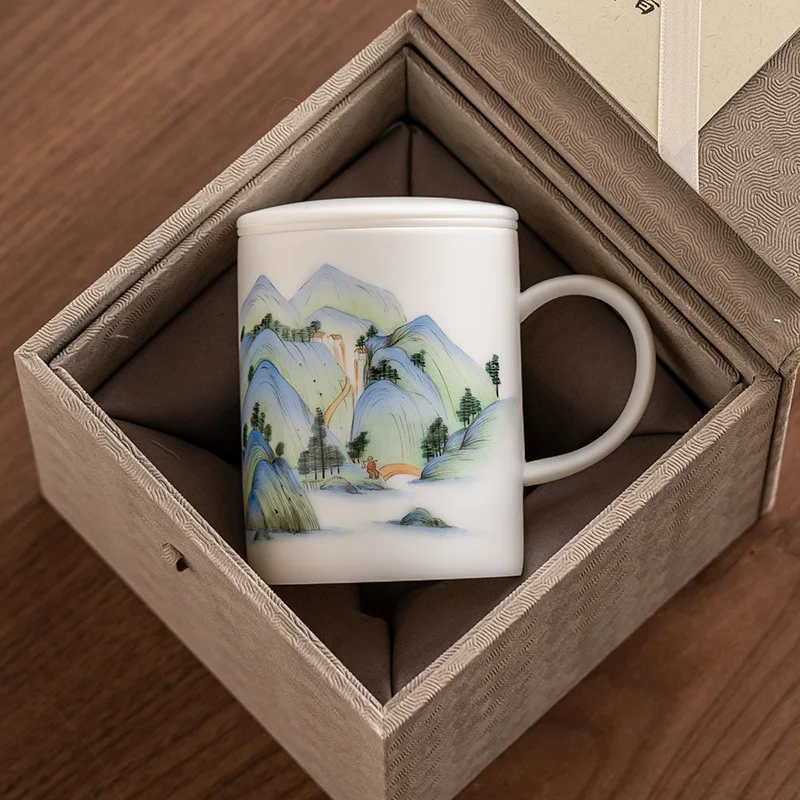 This green ice suet jade tea cup tea separation cup mug gift box