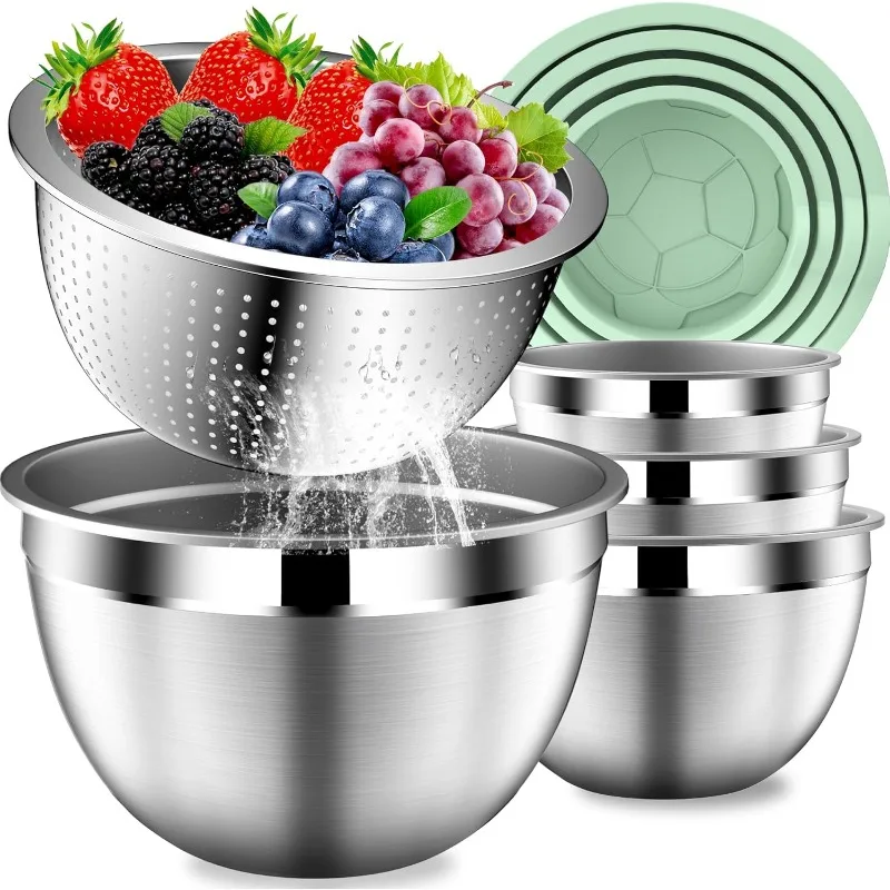 

Pistachio Colander Strainer Mixing Bowls - Stainless Steel Set with Lids, Essential Home Kitchen Supplies