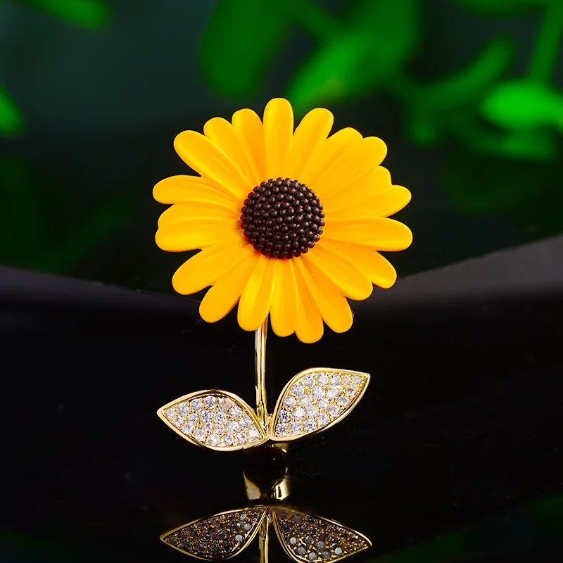 Cute Lucky Sunflower Brooch Pin For Women Shiny Rhinestone Leaves Anti Exposure Fastener Chic Clothing Accessory For Daily Wear