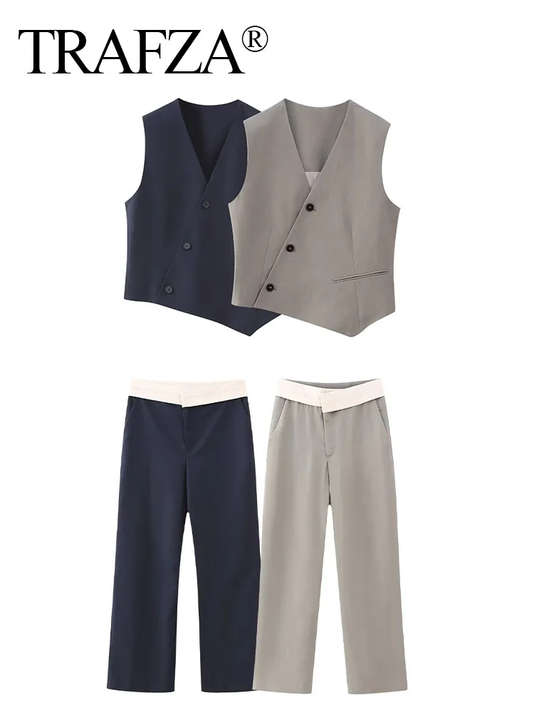 TRAFZA Autumn Female Solid Pants Suit Asymmetric Sleeveless Single Breasted Vest+Casual High Waist Loose Tousers Two  Piece Set