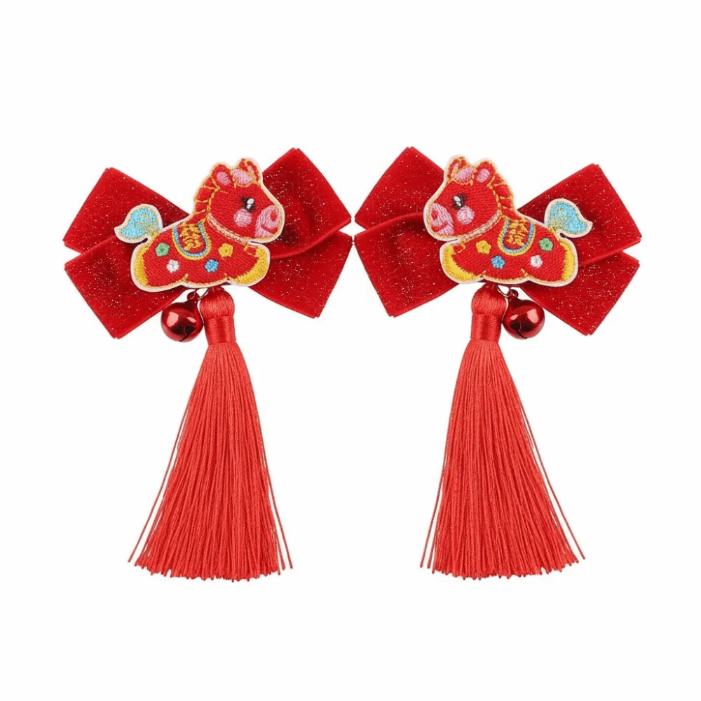 

Gift Cartoon Traditional Chinese Hair Clip Bow Horse Tassel Hairpin Red Chinese Style New Year Hair Accessory Cosplay Events