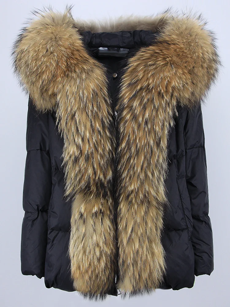 المرأة الجديدة الشتاء معطف فرو الثعلب الحقيقي الياقة الطبيعية سميكة الدافئة مقنعين بطة أسفل سترة فاخرة أبلى الإناث فضفاضة