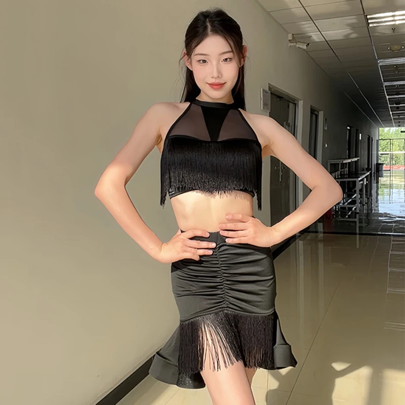 

Одежда для латинских танцев, женские короткие топы с кисточками, юбка в виде рыбьей кости, черная тренировочная одежда, одежда для танцев ча-ча-румбы DNV24604