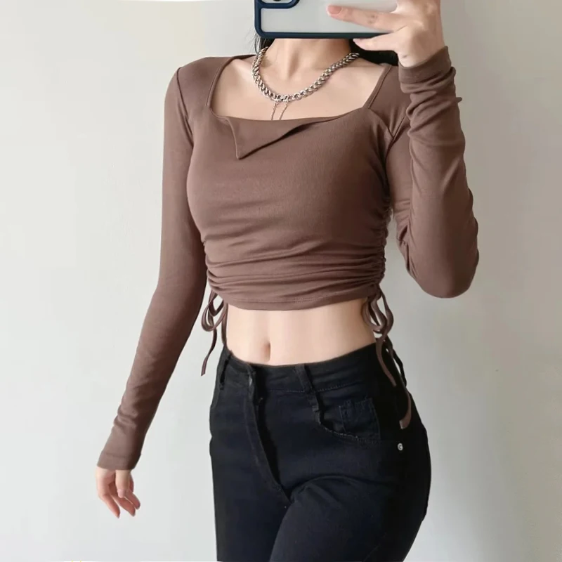 

Women Square Neck Ruched Sides Crop Top With Fold Detail