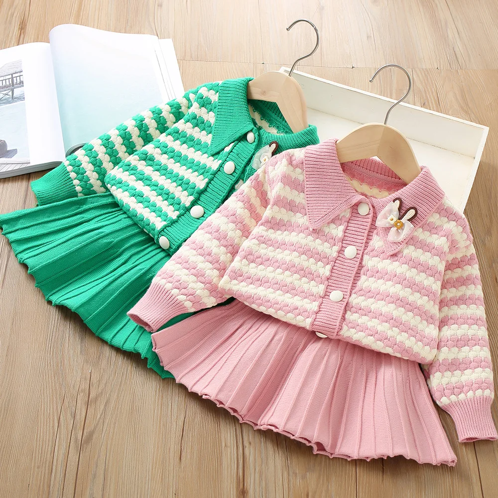 

Girls Knitted Clothes Sets Spring Autumn Children Woolen Jersey Sweaters Coats Skirts Princess Dress Suit For Baby Outfits Kids