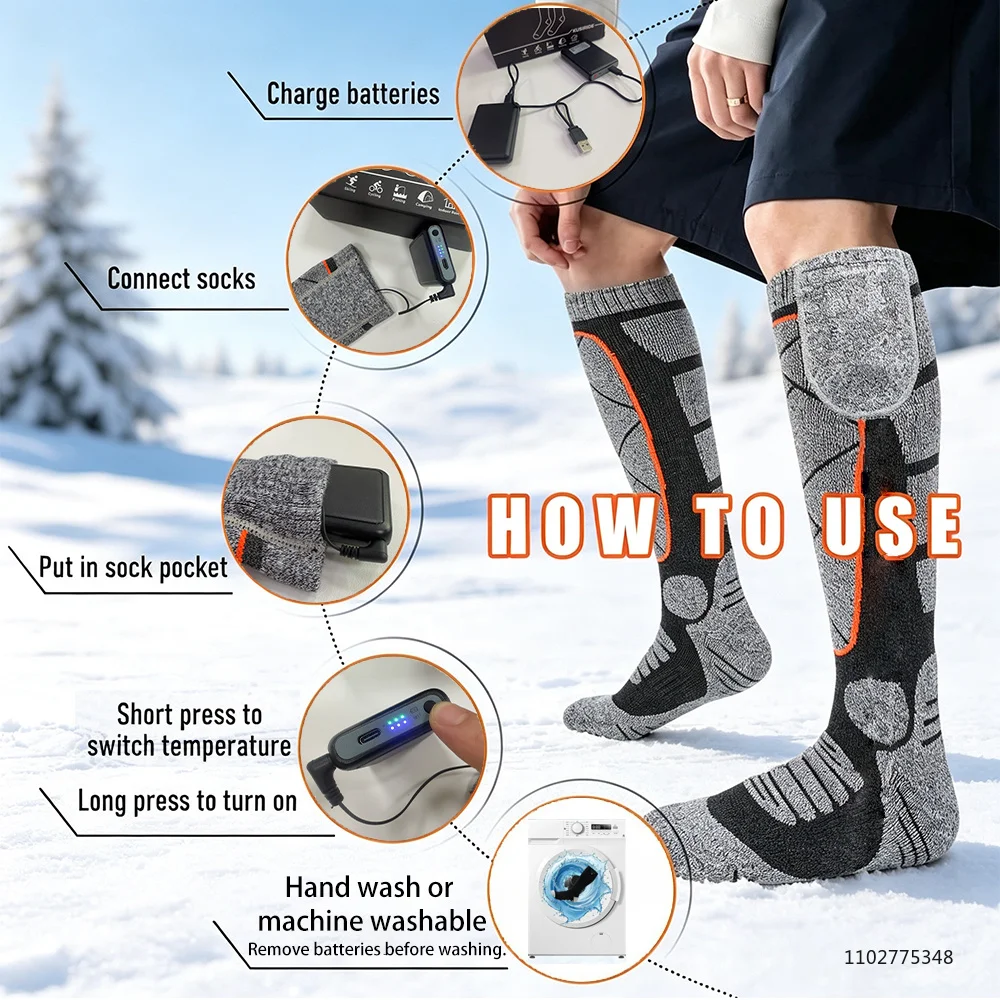 New Heated Socks Rechargeable 6000mah Electric Heated Skiing Socks Snowboarding Outdoor Sports Foot Warmer Winter Thermal Socks view 4