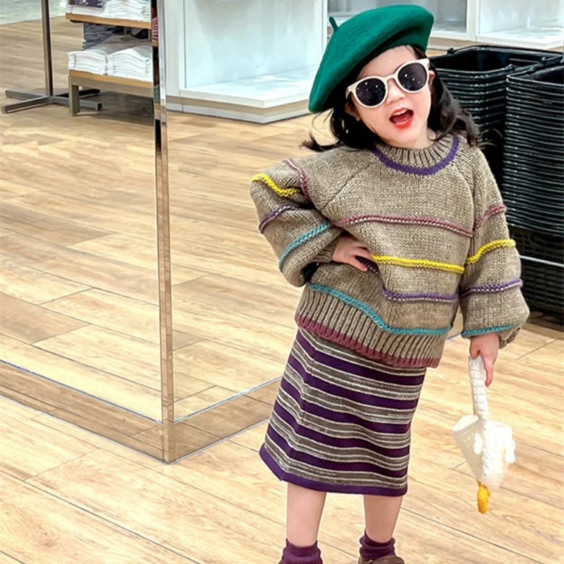 

Girls Sweater +Skirts Kids Suits 2PCS/Set Cotton 2024 Knitting Spring Autumn Cotton Tracksuit Sport Suits Children Clothing
