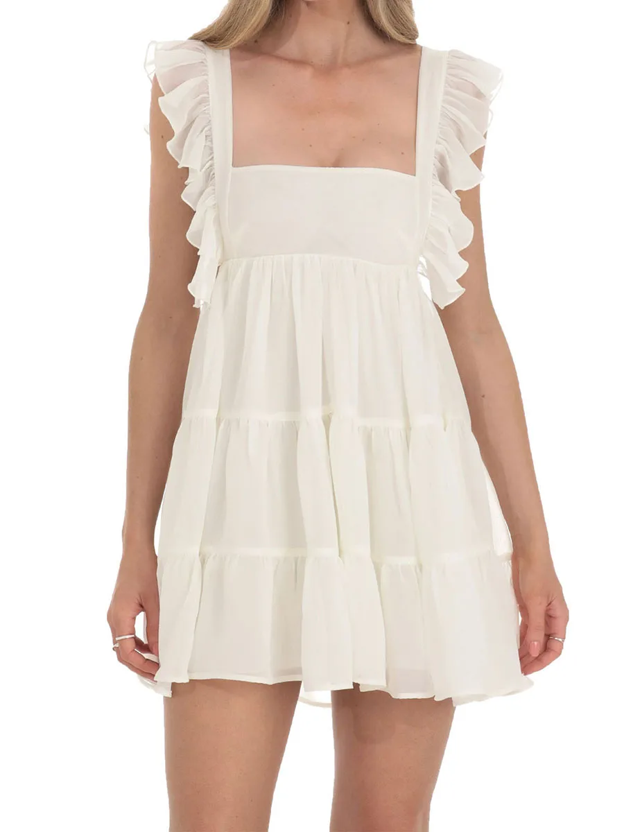 Ruffle Strap Babydoll Ruffle Dress ผู้หญิงแขนกุดคอสี่เหลี่ยมสีทึบ Flowy Dress ฤดูร้อนเปิดกลับชุดมินิ