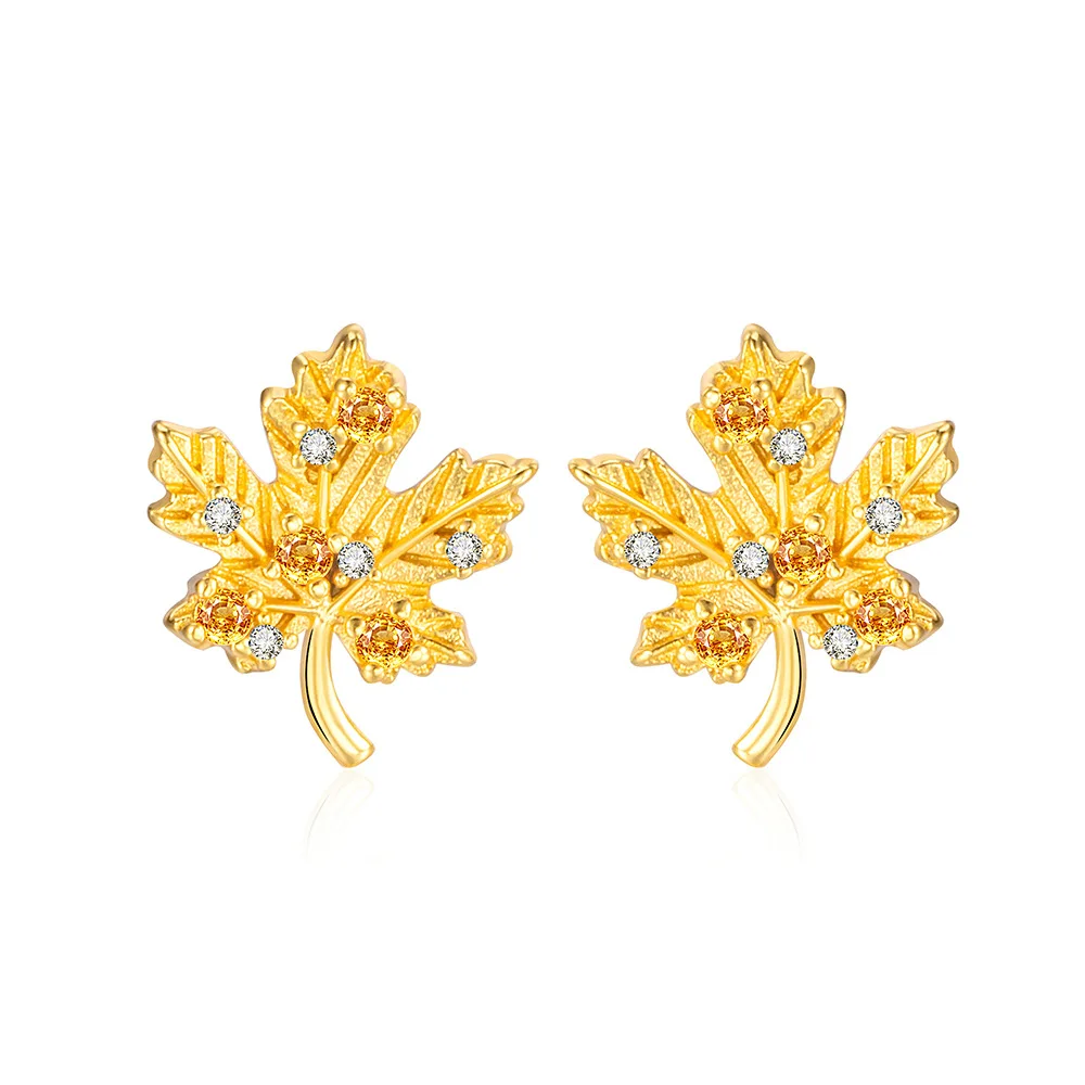 925 Sterling Silver Jewelry Luxury Crystal Maple Leaf Stud Earrings for Women Wedding Party Jewelery For Girls Friends Gift